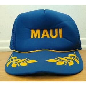 Vintage Maui Hawaii Blue And Yellow Trucker Snap Back Hat Good Leaf